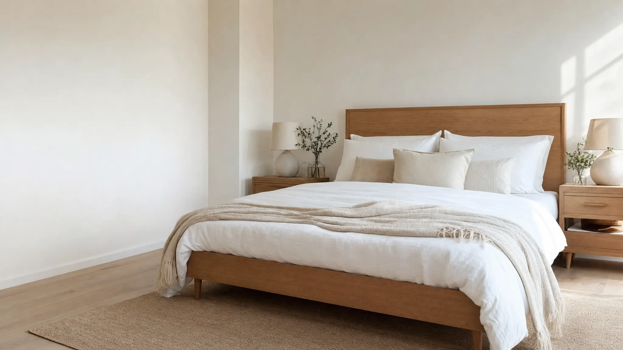 Doppelbett mit Holzrahmen und Nachttischen im hellen Schlafzimmer