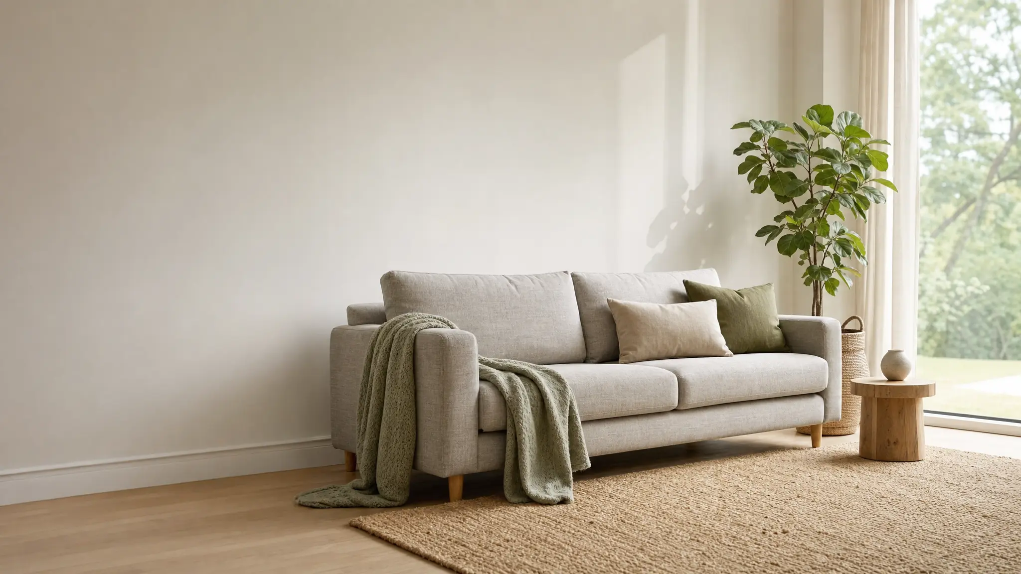 Helles Dreisitzer-Sofa mit Kissen und Decke im Wohnzimmer