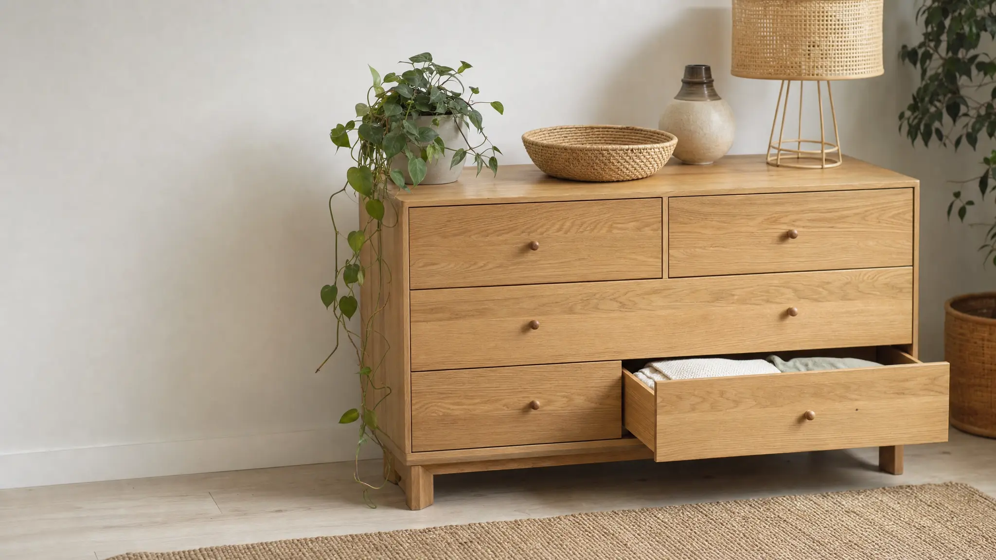 Holzkommode mit leicht geöffneter Schublade in einem hellen Raum