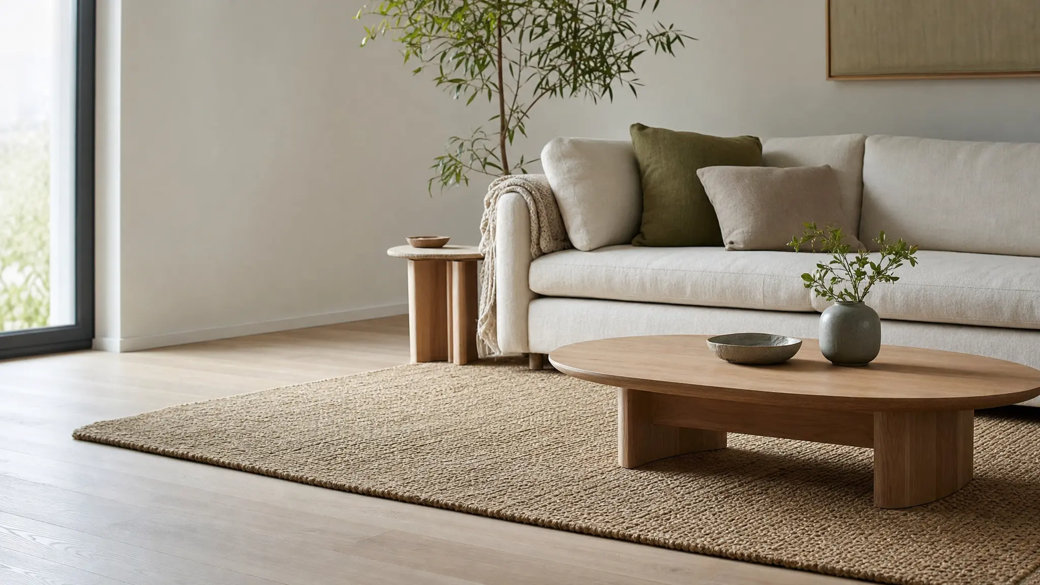 Großer Teppich in ruhigen Naturtönen im hellen Wohnzimmer mit Sofa im Hintergrund