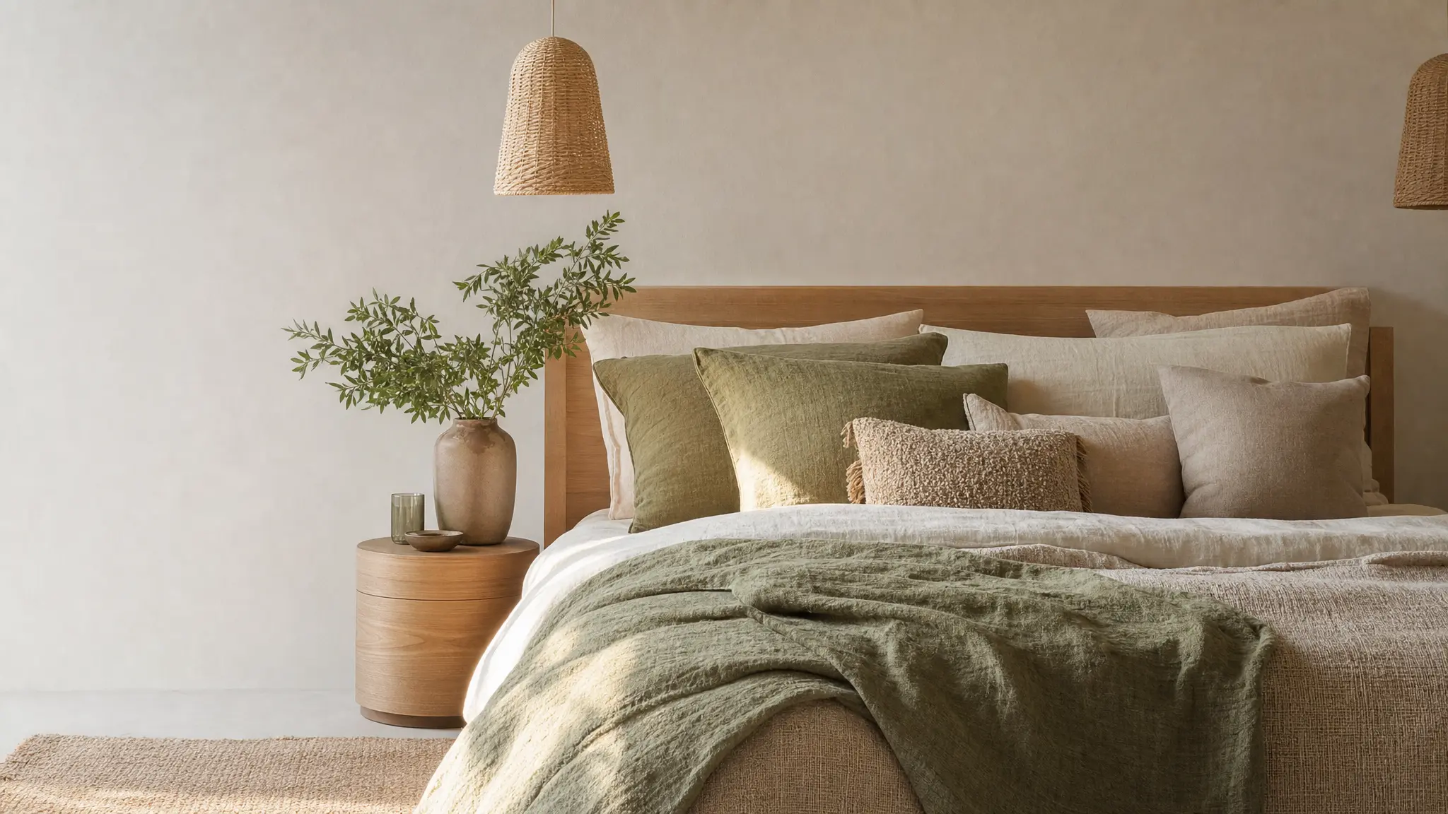 Gemachtes Bett mit Bettwäsche in Naturtönen und Kissen