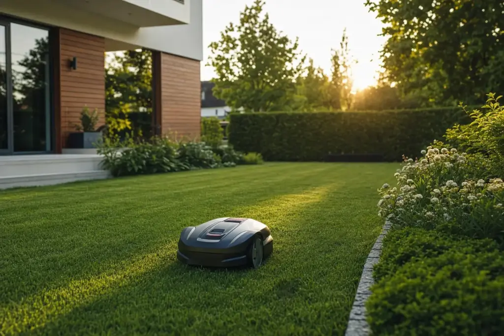 Mähroboter auf einem gepflegten Rasen vor einem Haus