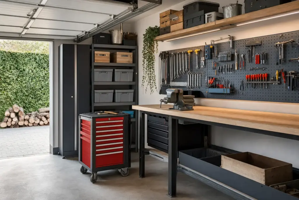 Werkbank, Werkstattwagen und Lochwand mit Werkzeug in einer Garage