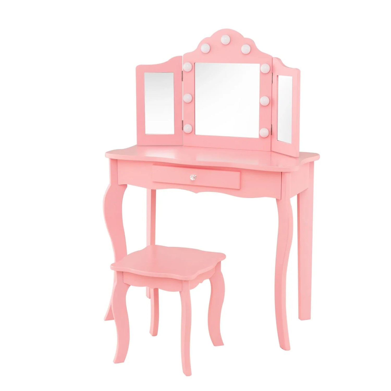 Costway 2 In 1 Kinder Schminktisch mit Led & Klappbarem Spiegel Rosa