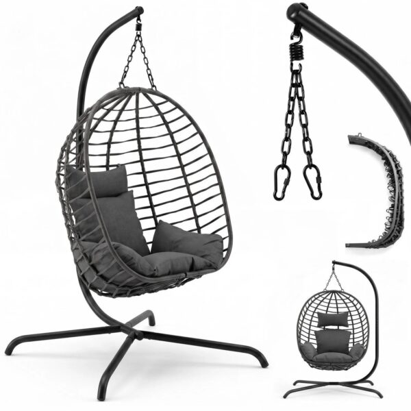 Sekey Hängesessel mit Gestell Hängekorb Rattan Klappbar Hängestuhl Schaukel mit Kissen bis 150 kg Belastbar Sekey Hängesessel mit Gestell Hängekorb Rattan Klappbar Hängestuhl Schaukel mit Kissen bis 150 kg Belastbar