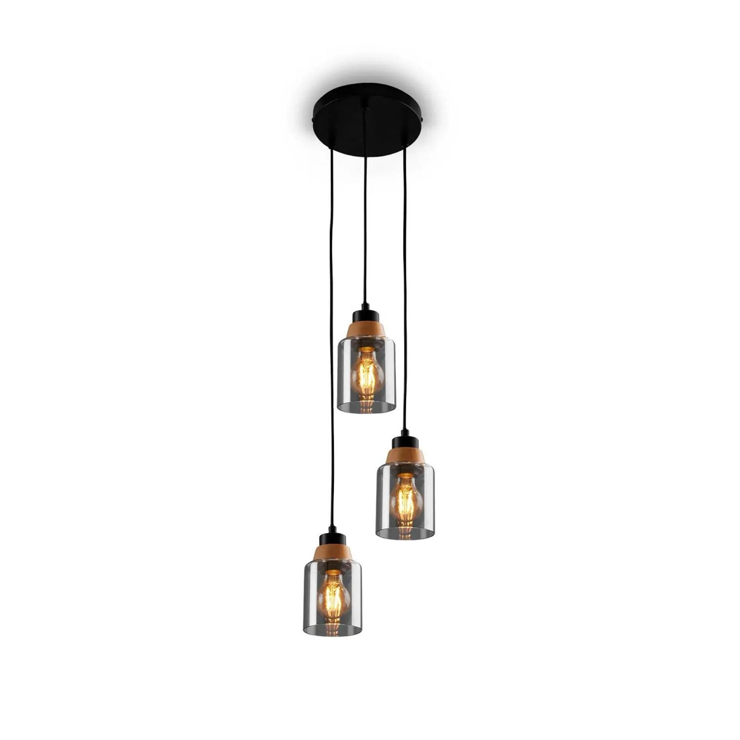 Briloner Pendelleuchte Royk E27 Fassung Holzapplikation Rauchglas