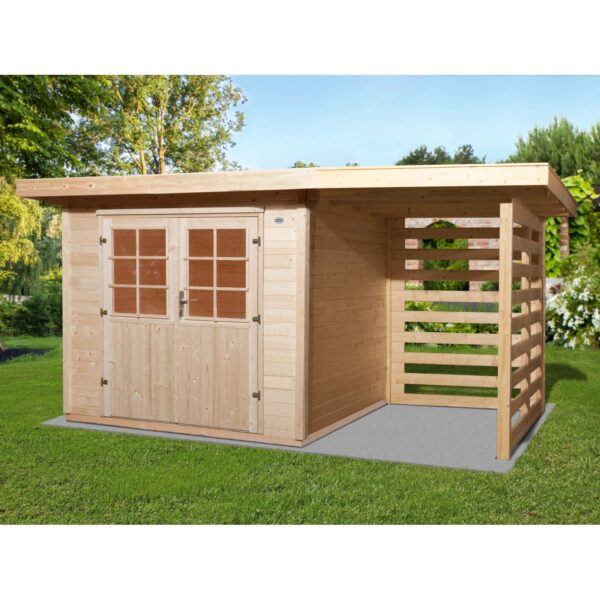 OBI Holz-Gartenhaus La Spezia Natur 385 cm x 209 cm davon 150 cm Anbaudach