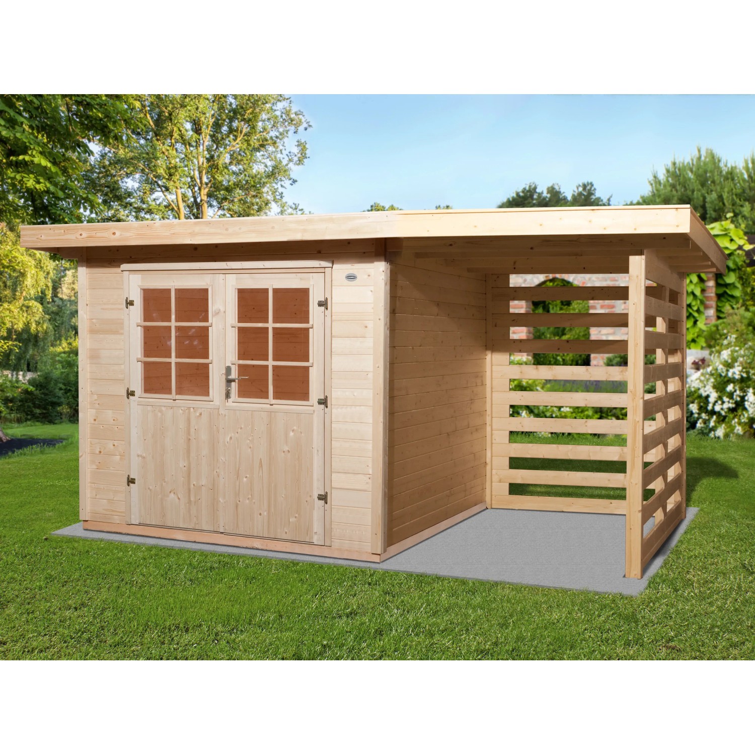 OBI Holz-Gartenhaus La Spezia Natur 385 cm x 209 cm davon 150 cm Anbaudach