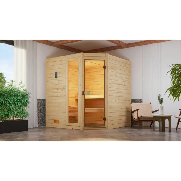 Weka Massivholzsauna Valida Eck 2 Sparset 9 kW Kompakt Glastür/Fenster