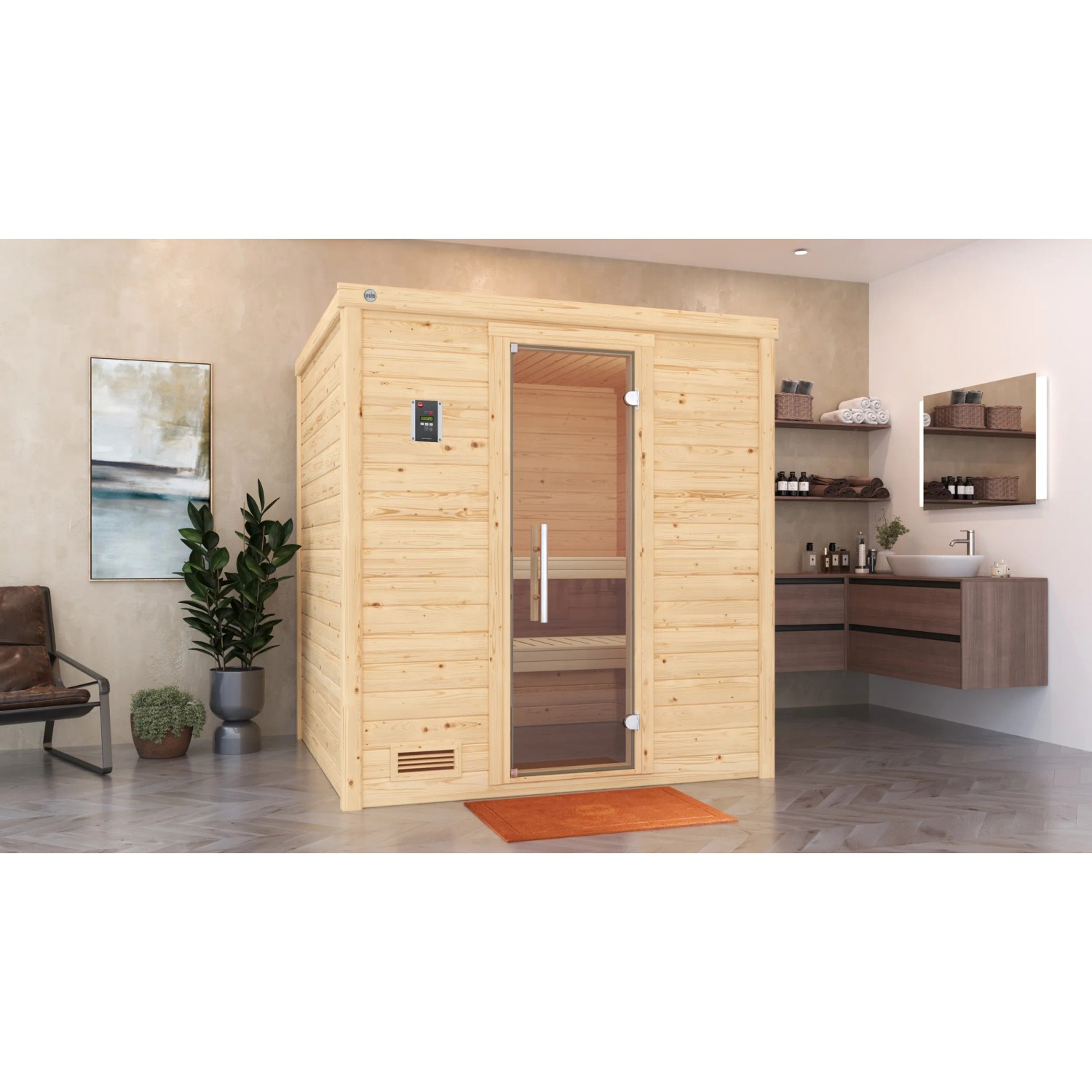 Weka Massivholzsauna Bergen 2 Sparset 7,5 kW BioS Glastür