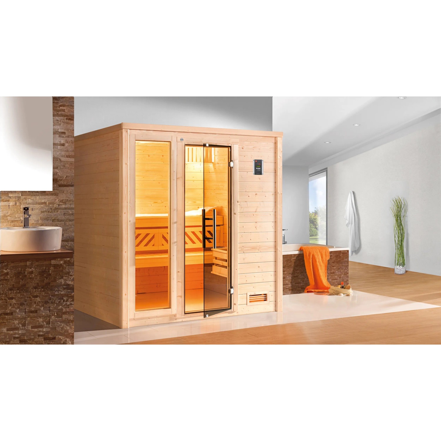 Weka Massivholzsauna Bergen 2 Sparset 7,5 kW BioS Glastür/Fenster