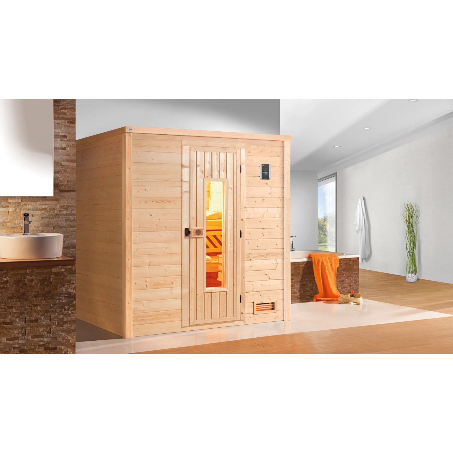 Weka Massivholzsauna Bergen 1.8 Sparset 5,4 kW Kompakt Holztür