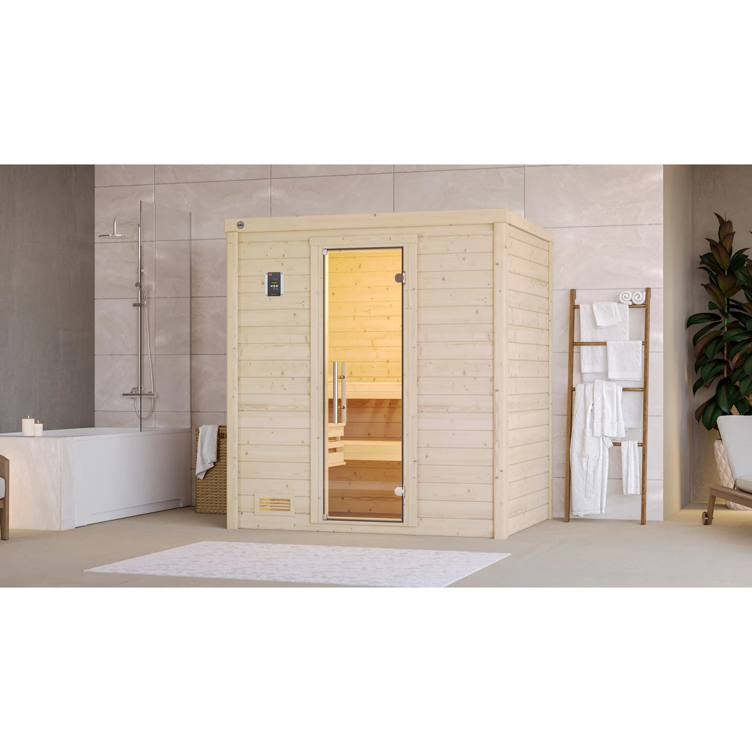 Weka Massivholzsauna Bergen 1 Sparset 5,4 kW Kompakt Glastür