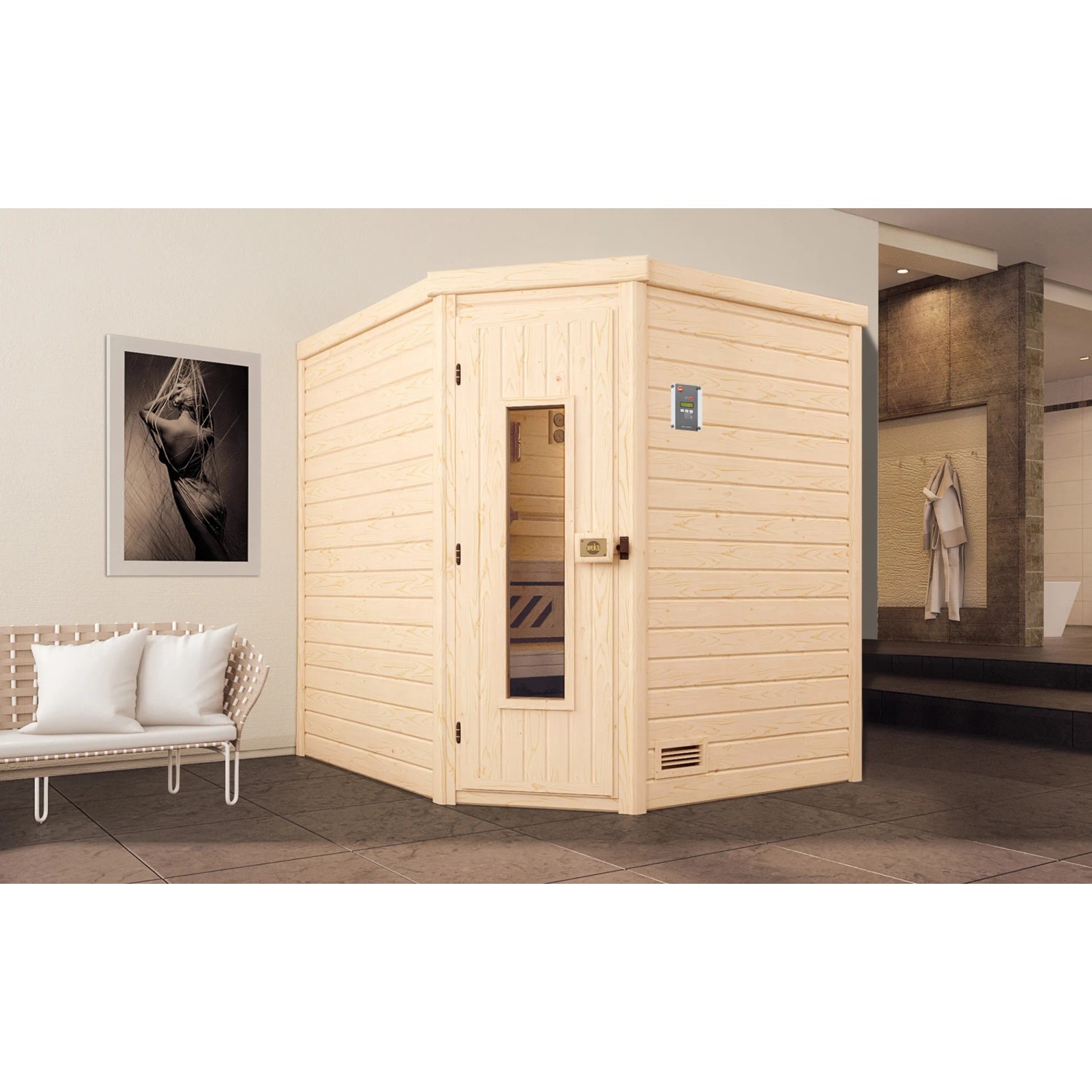 Weka Massivholzsauna Turku 2 Sparset 9 kW Kompakt Holztür