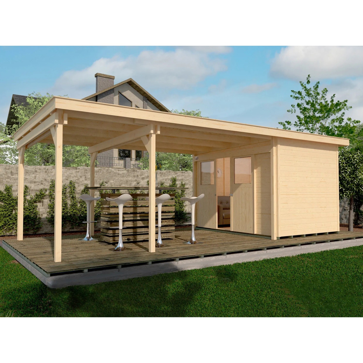 Weka Holz-Gartenhaus Loungehaus 225 Flachdach Unbehandelt 647 cm x 336 cm