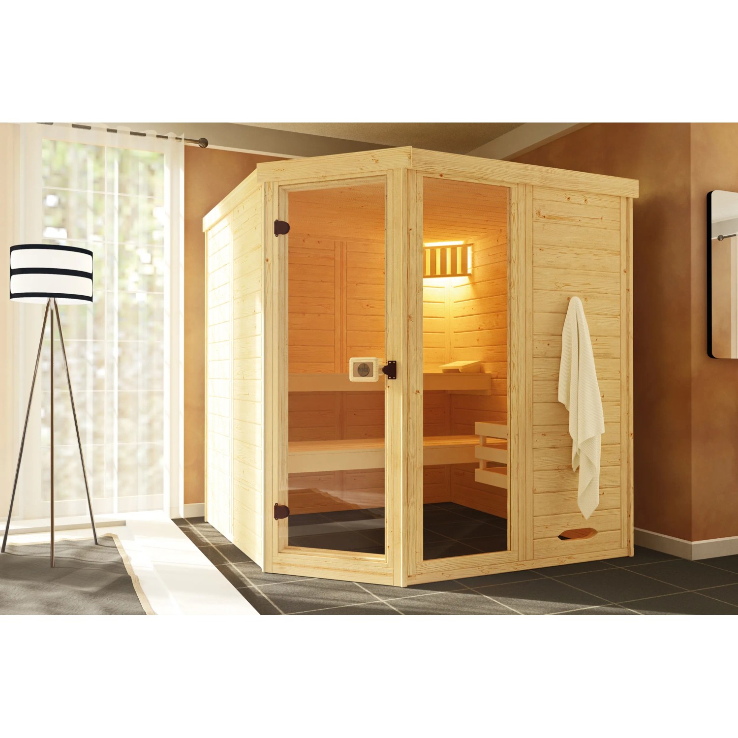 Weka Massivholz-Elementsauna Laukkala 3 Sparset 7,5 kW BioS Saunaleuchtenset