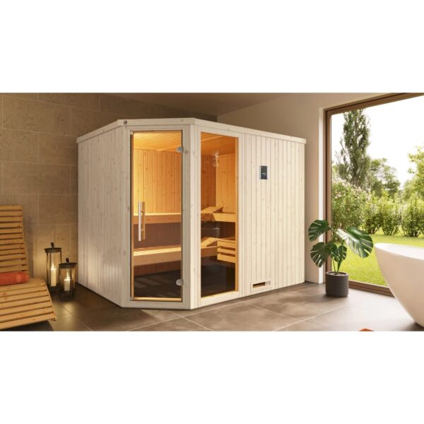 Weka Elementsauna Varberg Trend 4 Weiß Sparset 9 kW BioS Glastür/Fenster