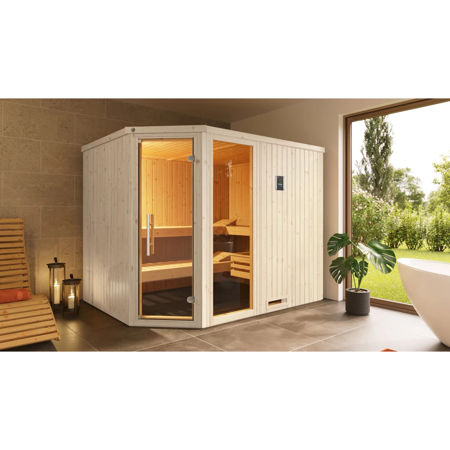 Weka Elementsauna Varberg Trend 4 Weiß Sparset 9 kW BioS Glastür/Fenster