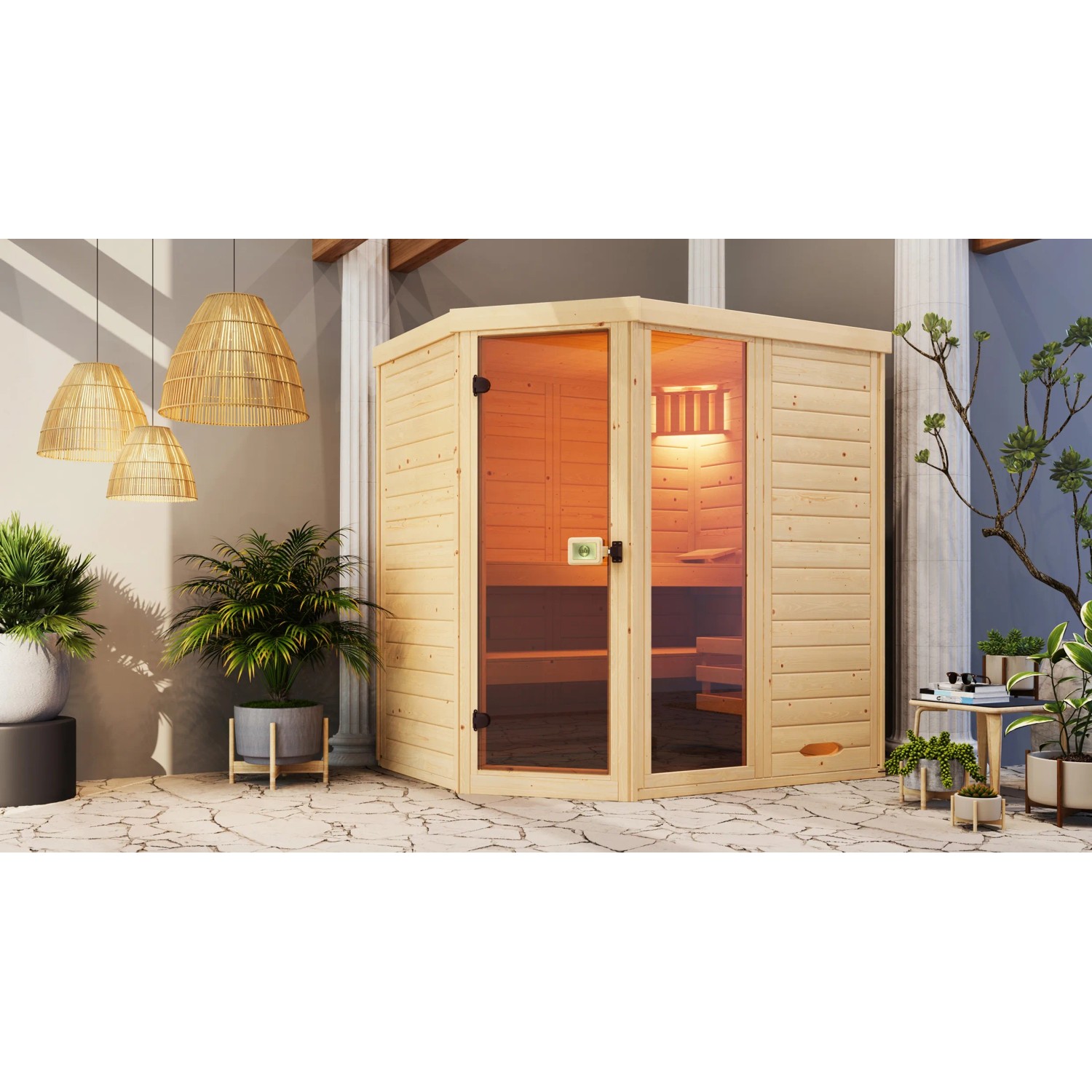 Weka Massivholz-Elementsauna Laukkala 2 Sparset 4,5 kW BioS Saunaleuchtenset