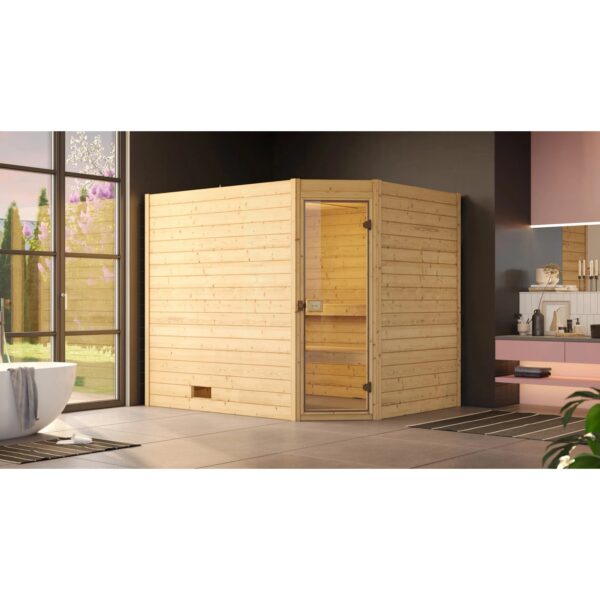 Weka Massivholzsauna Valida Eck 3 Sparset 7,5 kW BioS Glastür