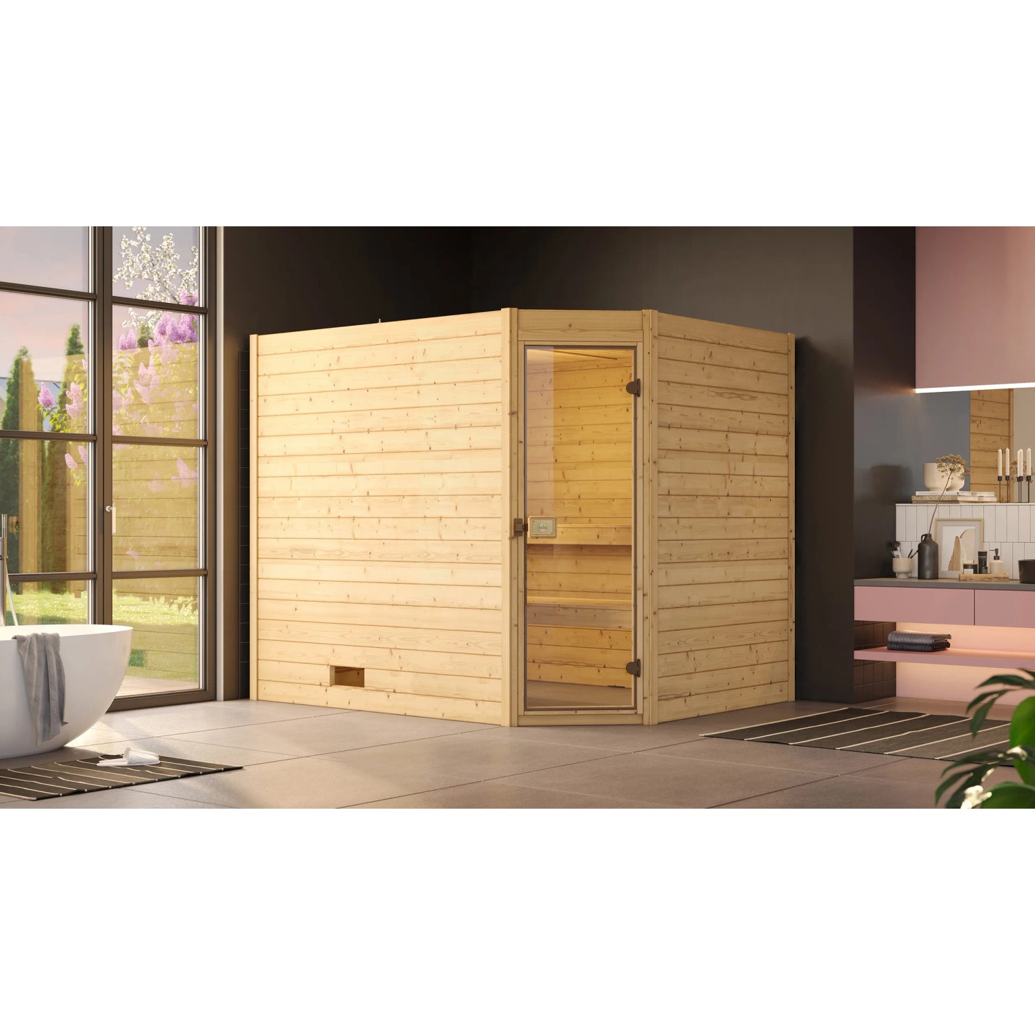 Weka Massivholzsauna Valida Eck 3 Sparset 7,5 kW BioS Glastür