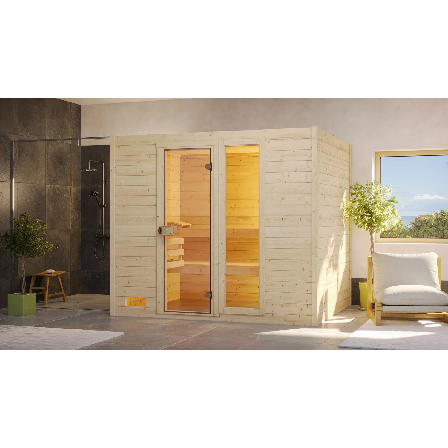 Weka Massivholzsauna Valida 4 Sparset 9 kW OS Glastür/Fenster