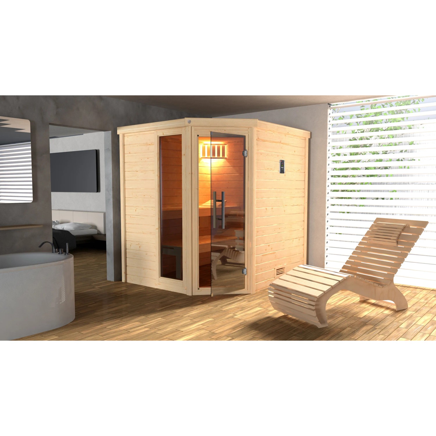 Weka Massivholzsauna Turku 1 Sparset 9 kW Kompakt Glastür/Fenster