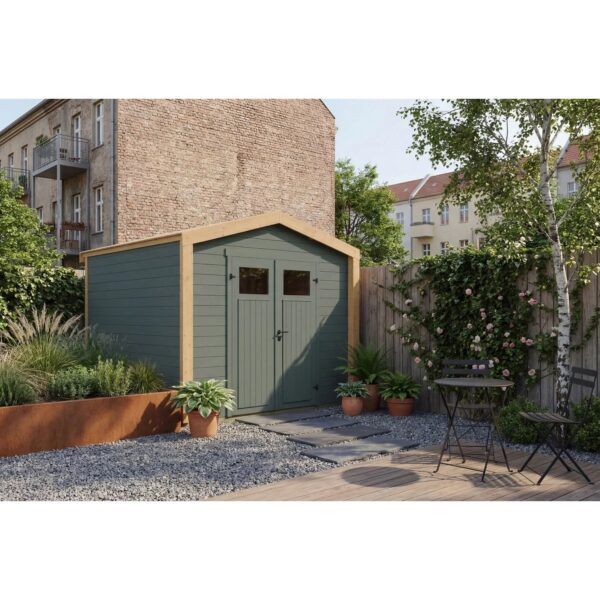 Weka Holz-Gartenhaus Killarney Satteldach Grau-Grün Lasiert 311 cm x 313 cm Weka Holz-Gartenhaus Killarney Satteldach Grau-Grün Lasiert 311 cm x 313 cm