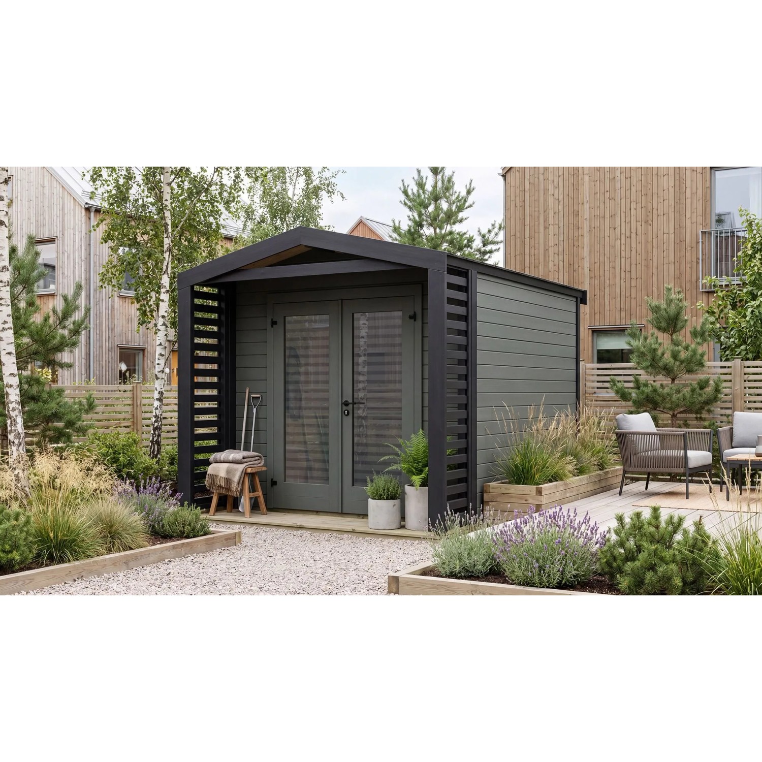 Weka Holz-Gartenhaus Killarney Satteldach Grau-Grün Lasiert 311 cm x 363 cm