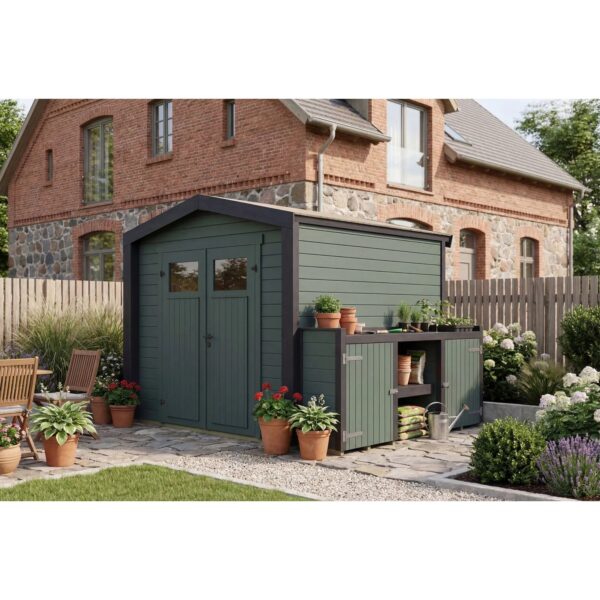 Weka Holz-Gartenhaus Killarney Satteldach Grau-Grün Lasiert 294 cm x 248 cm Weka Holz-Gartenhaus Killarney Satteldach Grau-Grün Lasiert 294 cm x 248 cm