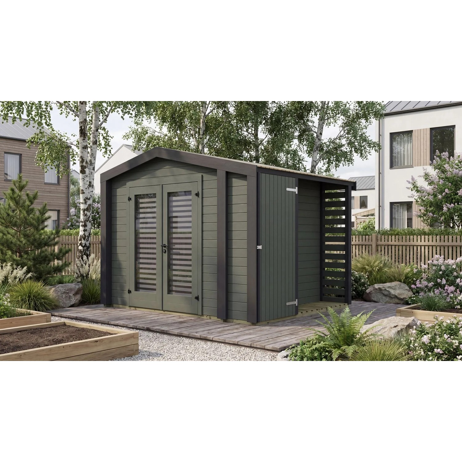 Weka Holz-Gartenhaus Killarney Satteldach Grau-Grün Lasiert 361 cm x 313 cm