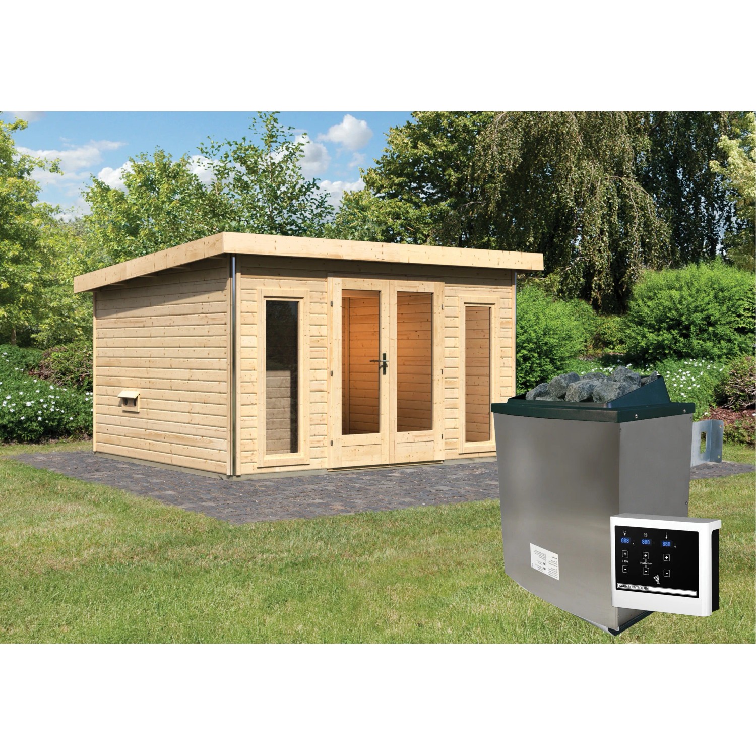 Saunahaus Magnus 2-Set A Naturbel. inkl. Ofen 9 kW ext. Strg.