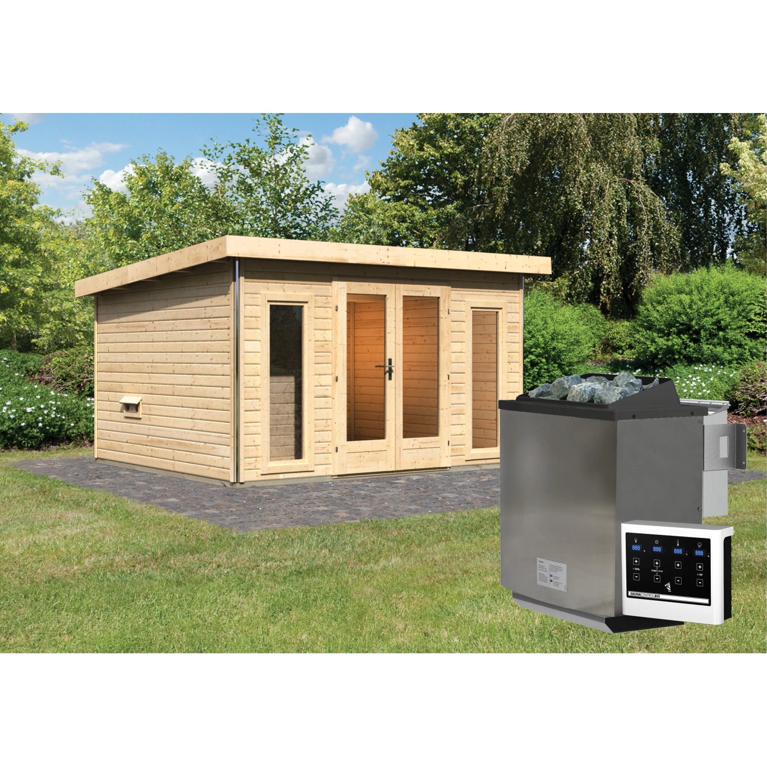 Saunahaus Magnus 2-Set A Naturbel. inkl. Ofen 9 kW Bio ext. Strg.