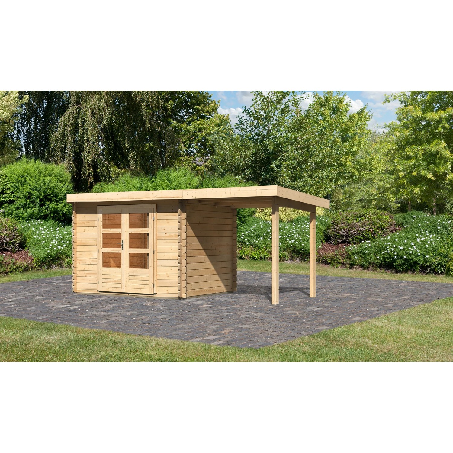Karibu Holz-Gartenhaus Ängelholm Natur Pultdach Unbehandelt 280 cm x 220 cm