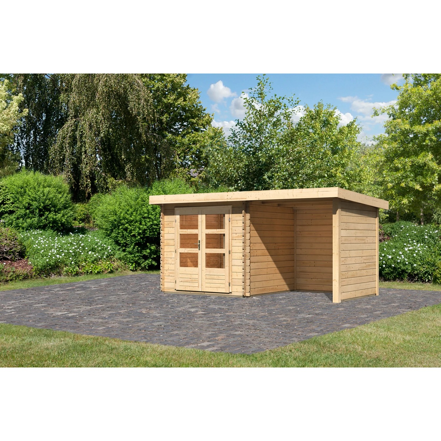 Karibu Holz-Gartenhaus Ängelholm Natur Pultdach Unbehandelt 220 cm x 220 cm