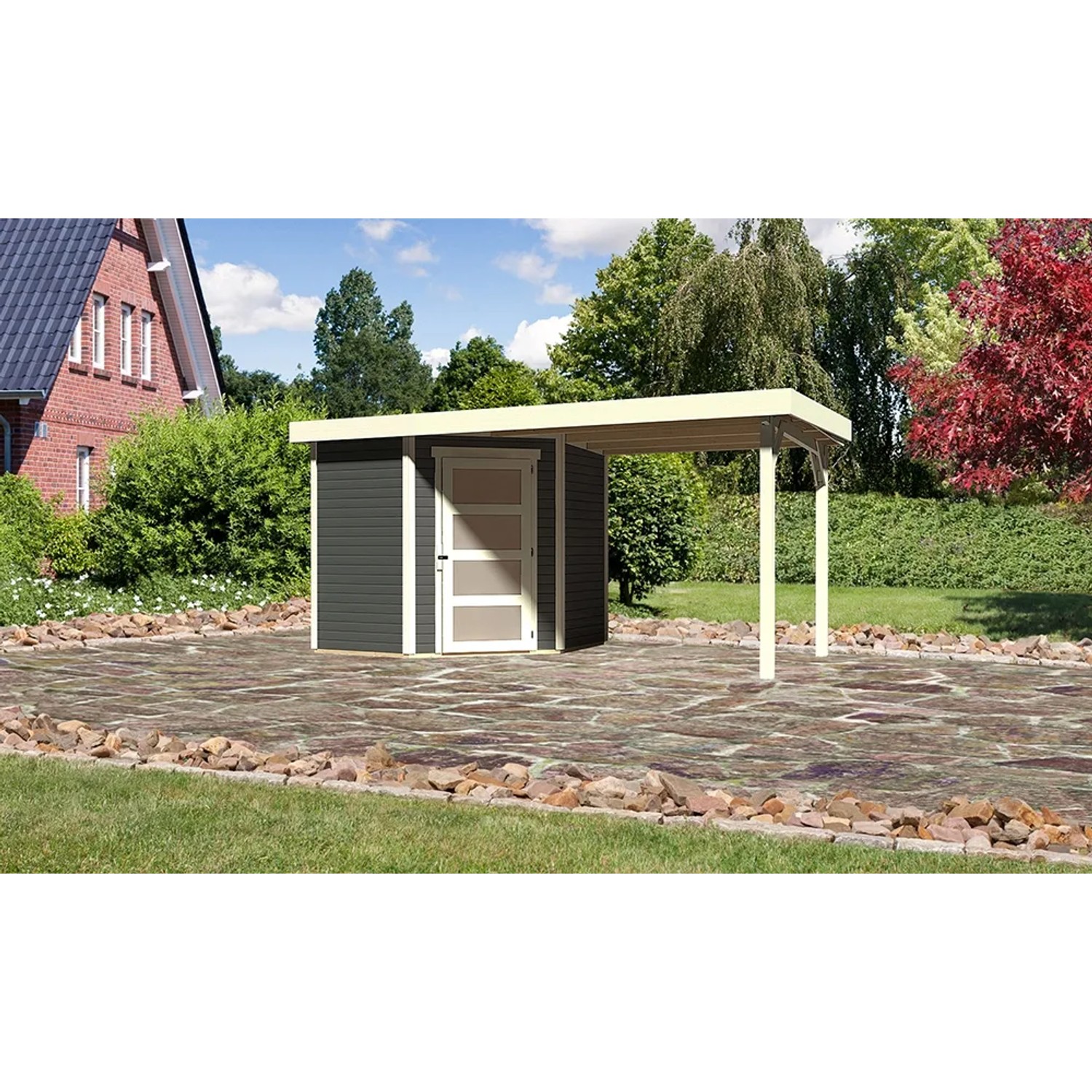 Karibu Holz-Gartenhaus Linköbing Terragrau Flachdach Lackiert 209 cm x 213 cm