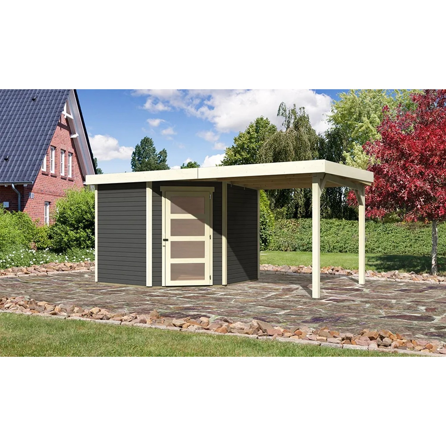 Karibu Holz-Gartenhaus Linköbing Terragrau Pultdach Lackiert 238 cm x 242 cm