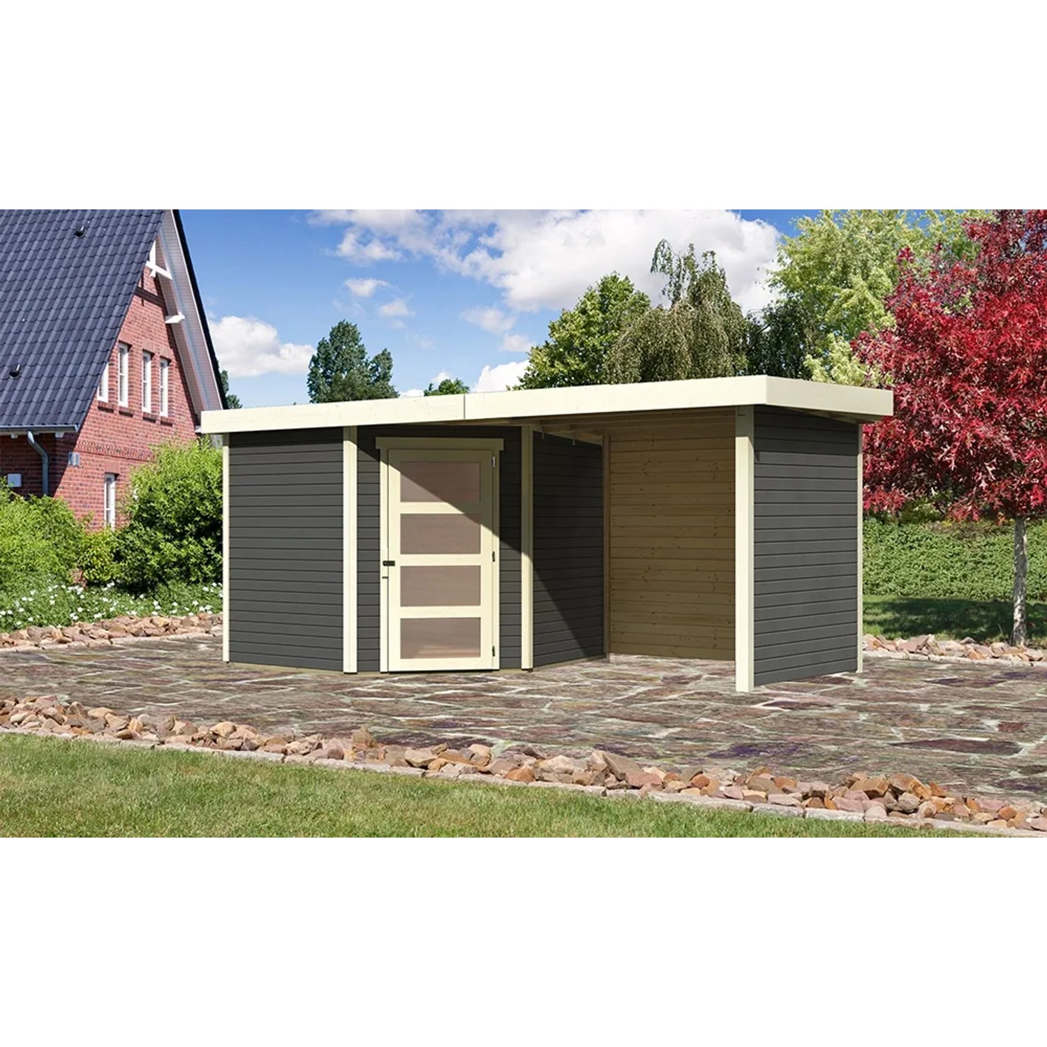 Karibu Holz-Gartenhaus Linköbing Terragrau Pultdach Lackiert 238 cm x 242 cm