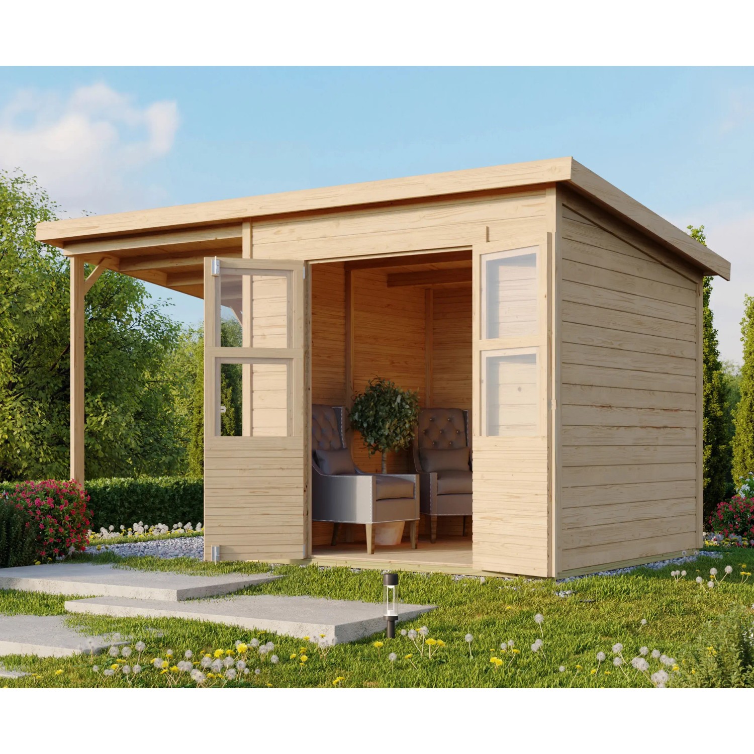 Karibu Holz-Gartenhaus Neuenburg Natur 370 cm x 150 cm davon 162 cm Anbaubach