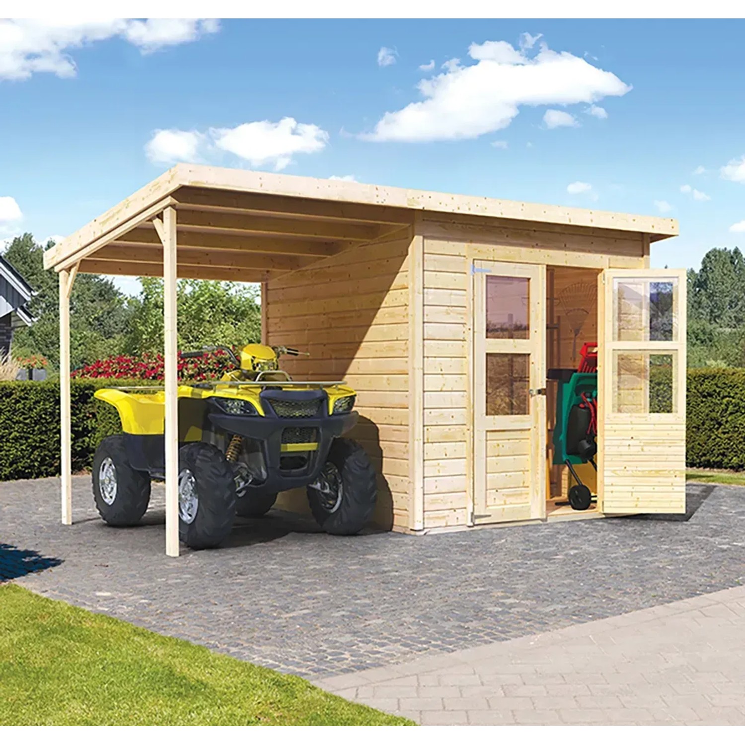 Karibu Holz-Gartenhaus Neuenburg Natur 370 cm x 210 cm davon 162 cm Anbaubach