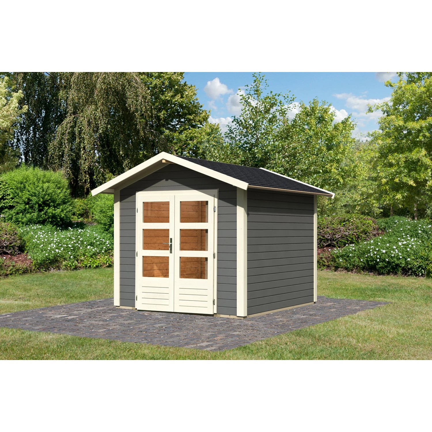 Karibu Holz-Gartenhaus Tessin 1 Terragrau 240 x 240 cm mit Boden & Dachschindeln