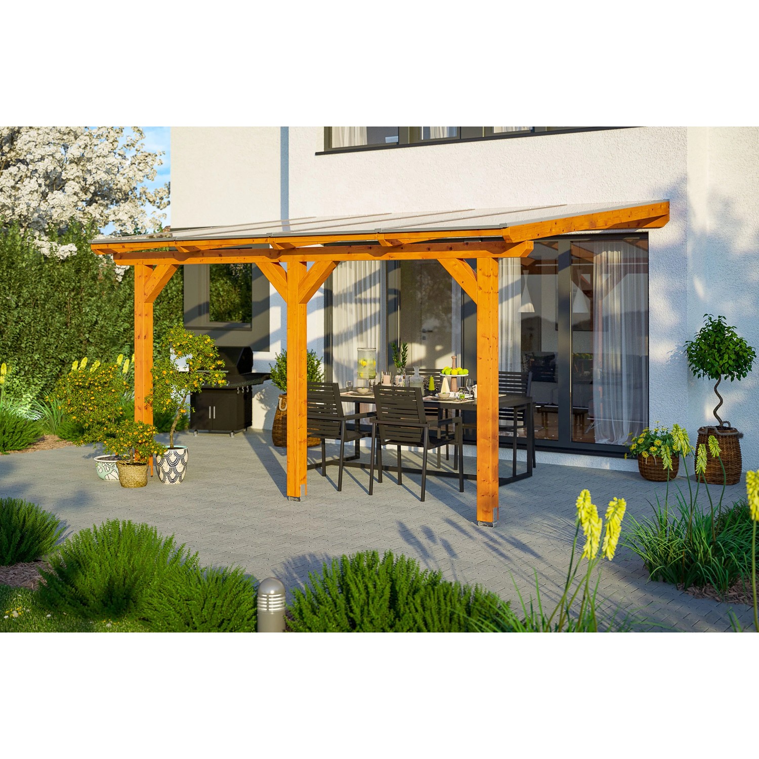 Skan Holz Terrassenüberdachung Andria 434 cm x 400 cm Eiche hell