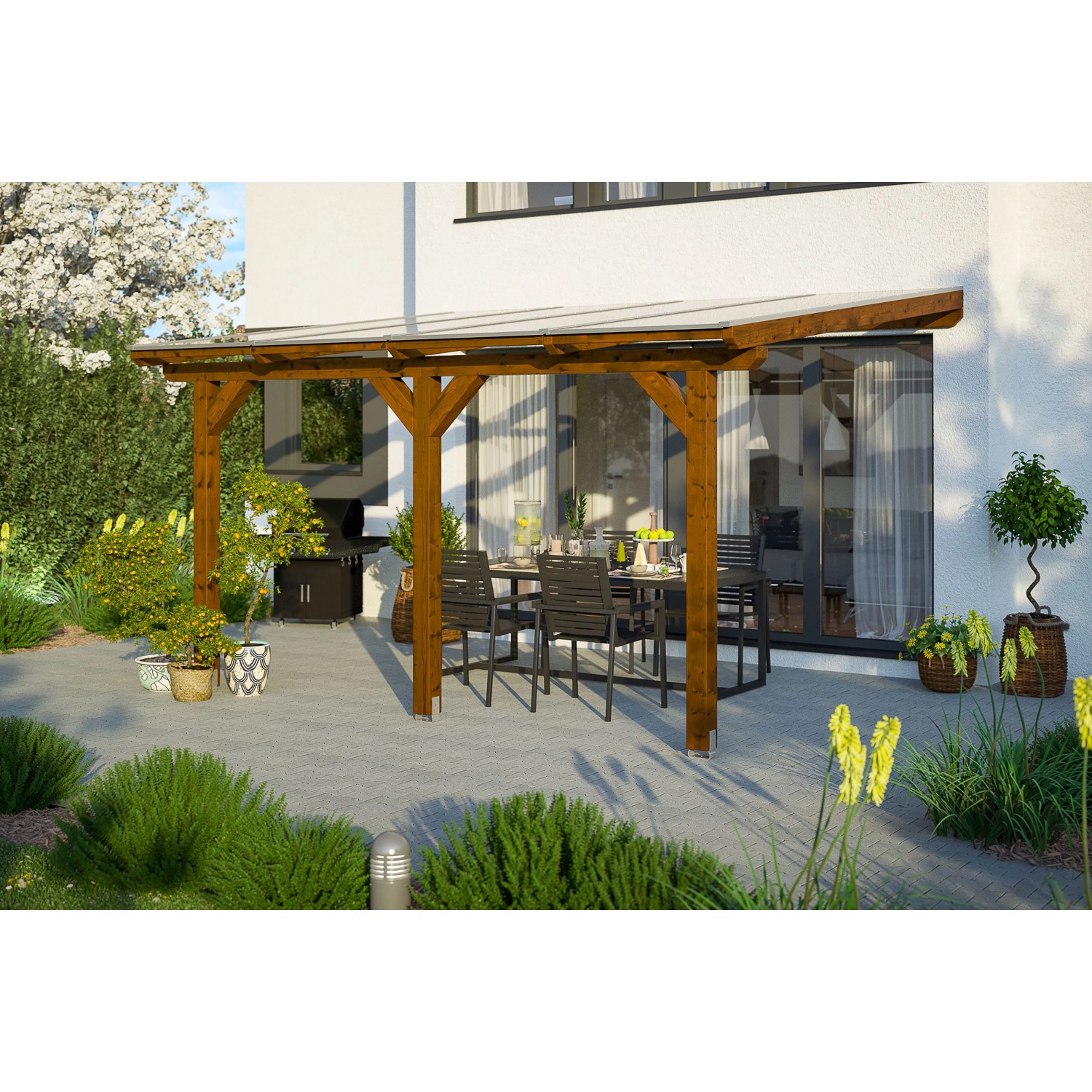 Skan Holz Terrassenüberdachung Andria 434 cm x 250 cm Nussbaum