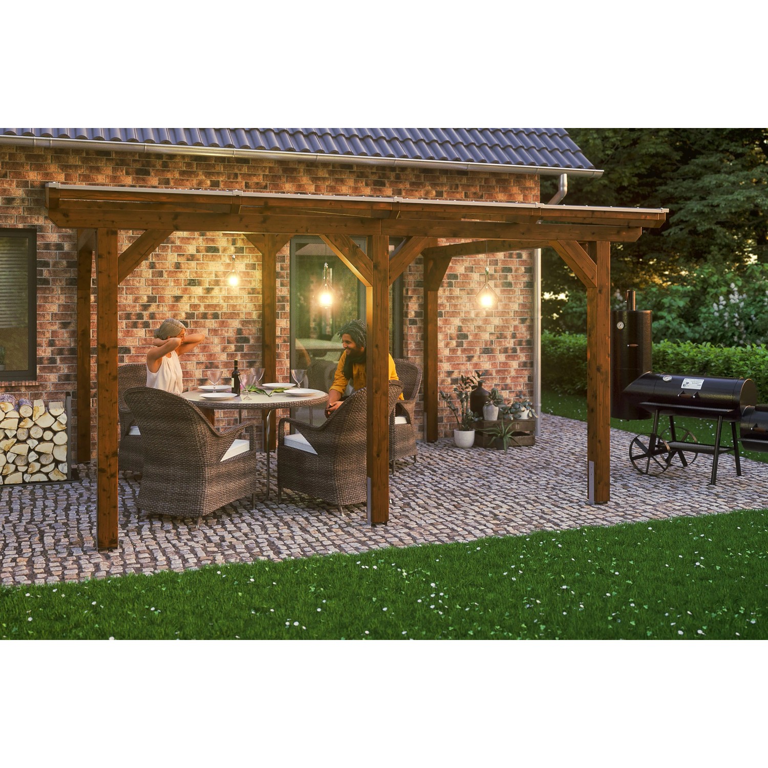 Skan Holz Terrassenüberdachung Siena 434 cm x 400 cm Nussbaum
