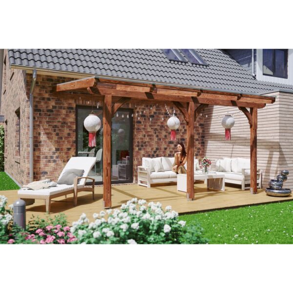 Skan Holz Terrassenüberdachung Rimini 434 cm x 350 cm Douglasie Nussbaum