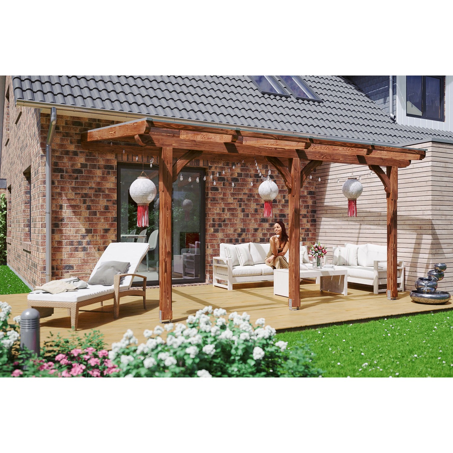 Skan Holz Terrassenüberdachung Rimini 434 cm x 350 cm Douglasie Nussbaum