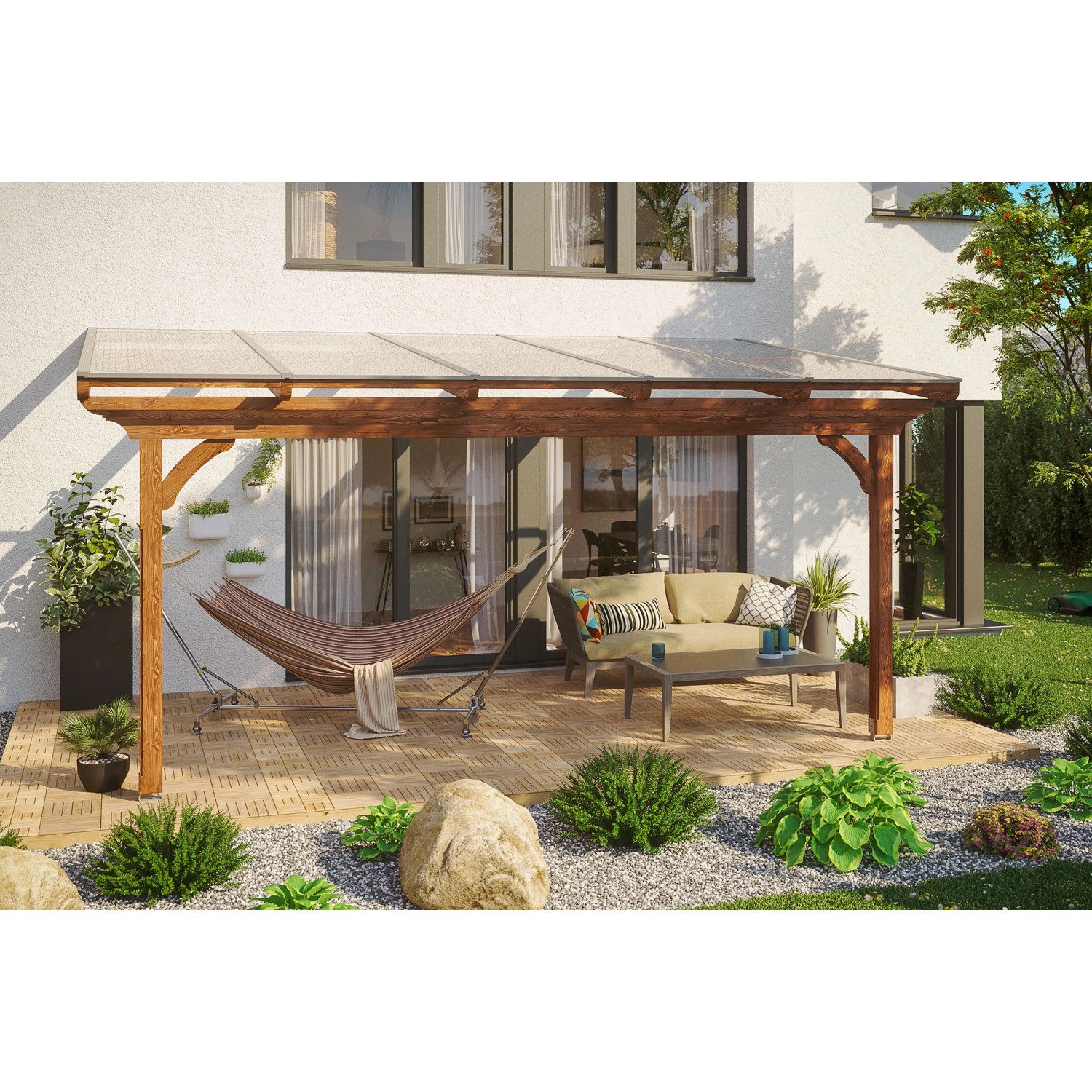 Skan Holz Terrassenüberdachung Ravenna 541 cm x 250 cm Douglasie Nussbaum