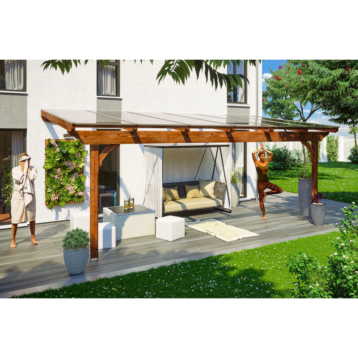 Skan Holz Terrassenüberdachung Ravenna 648 cm x 300 cm Douglasie Nussbaum
