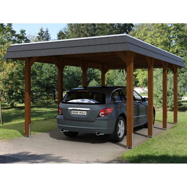 Skan Holz Carport Spreewald 345 cm x 589 cm schwarze Blende Nussbaum Skan Holz Carport Spreewald 345 cm x 589 cm schwarze Blende Nussbaum