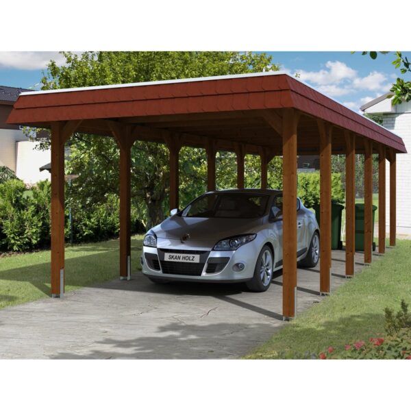 Skan Holz Carport Spreewald 345 cm x 893 cm rote Blende Nussbaum Skan Holz Carport Spreewald 345 cm x 893 cm rote Blende Nussbaum